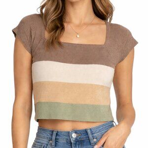 Colorblock Knit Crop Top L Y2K Retro Neutral Striped Cropped Tee Indie Style